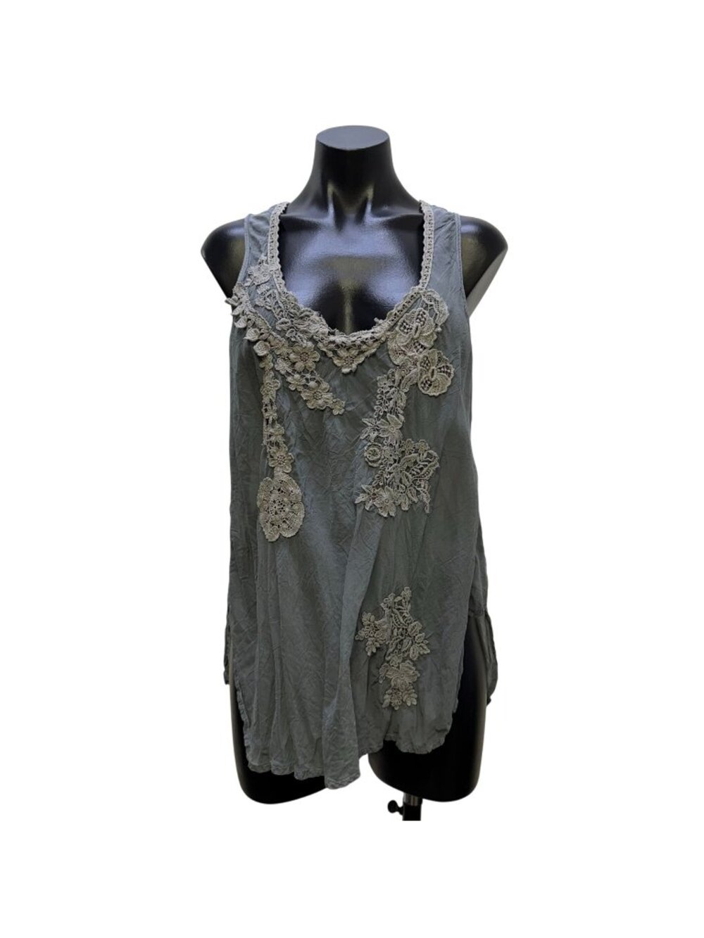 Johnny Was Lace-Trimmed Gray Tank Top With Floral Crochet Details M